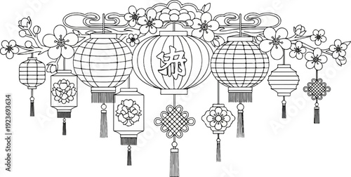 Ornate arrangement of hanging lanterns, floral elements, and tassels