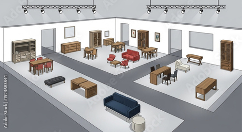 Furniture showroom display showcasing various modern interior design elements and arrangements.