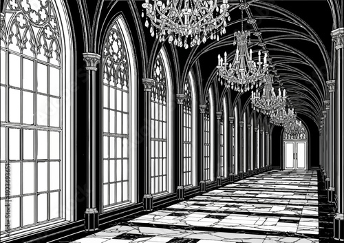 Ornate gothic hallway with arched windows and chandeliers