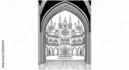 Ornate gothic courtyard with a fountain, viewed through arches