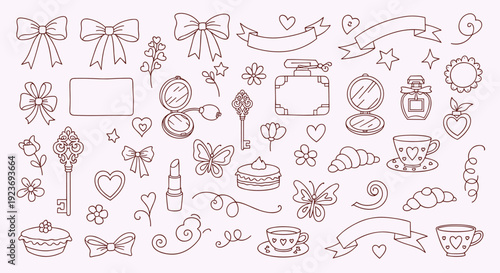 Charming Vintage Hand-Drawn Elements Collection Featuring Romantic Symbols and Sweet Treats Perfect for Design Projects