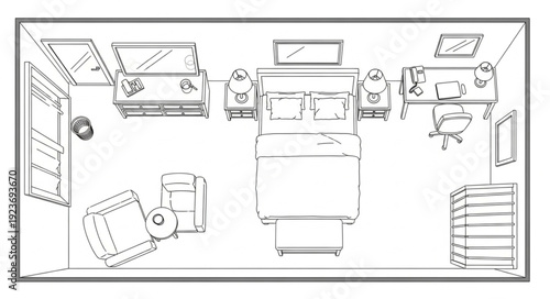 Bedroom layout with bed, nightstands, and other furniture, top-down view.