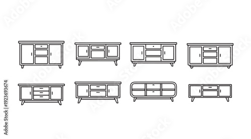 Assorted Media Console and Cabinet Designs, Line Art Icons