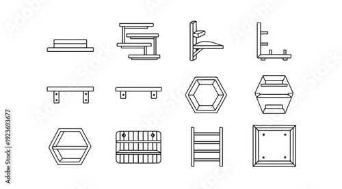 Assorted Wall Shelves and Display Units Line Art Icons