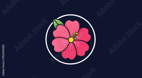 Simple pink flower with yellow center and green leaves inside circle