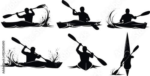 Black silhouettes of people kayaking and paddling on water with splashes isolated on white background for sports and outdoor adventure