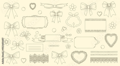 Elegant Decorative Elements Collection Featuring Bows Hearts Lace Borders and Floral Accents on Cream Background
