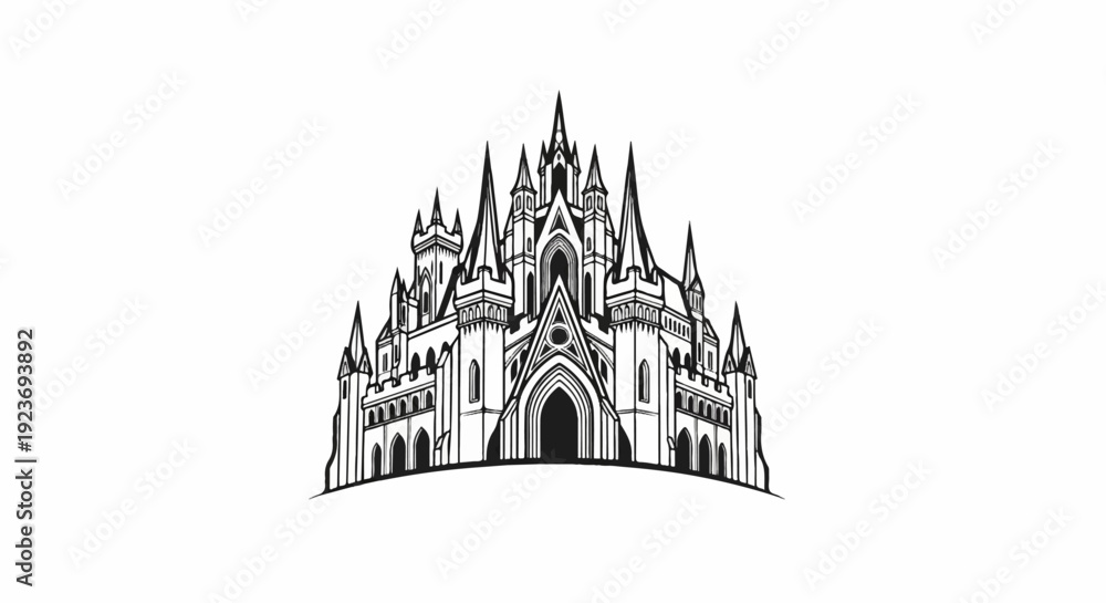 Fototapeta premium Ornate gothic-style building with multiple spires and arched entrances on a curved base