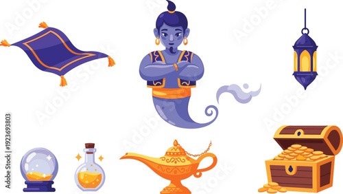 Magical Genie and Aladdin Lamp Vector Set with Flying Carpet Golden Treasure Chest Lantern and Magic Potion Isolated on White Background