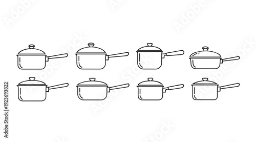 Assortment of Saucepan Line Art Illustrations on White Background
