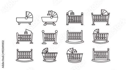 Baby Cribs and Bassinets Collection: Various Styles and Designs, Line Art Icons