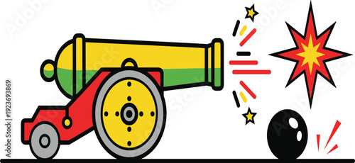 Old Antique Cannon Vector Illustration with Cannonball Explosion Spark and Fire Symbols Isolated on White Background