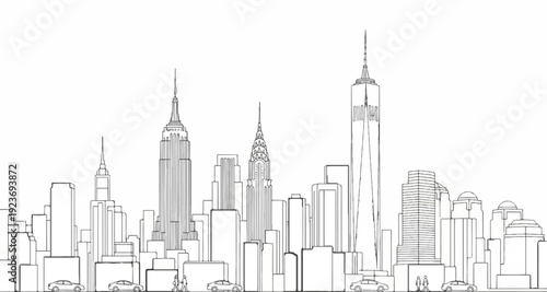 Outline sketch of a city skyline with iconic skyscrapers and vehicles below