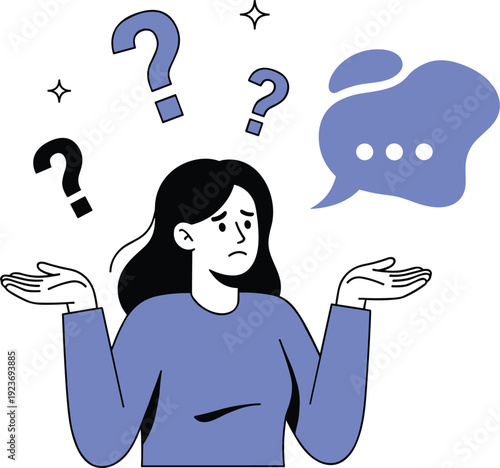 Confused Woman Shrugging Shoulders Illustration with Question Marks and Thought Bubble Representing Doubt and Decision Making