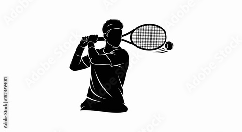 Silhouette of a tennis player mid-swing, racket and ball in motion