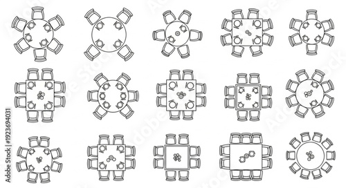 Arrangement of various tables and chairs in different configurations for dining or meetings.