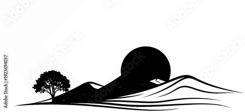 Silhouette of a tree, hills, and a large sun setting behind the peaks