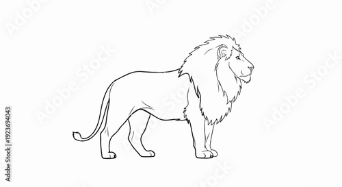 Outline sketch of a majestic lion standing profile facing right