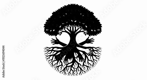Silhouette of a tree with hands integrated into its trunk and roots