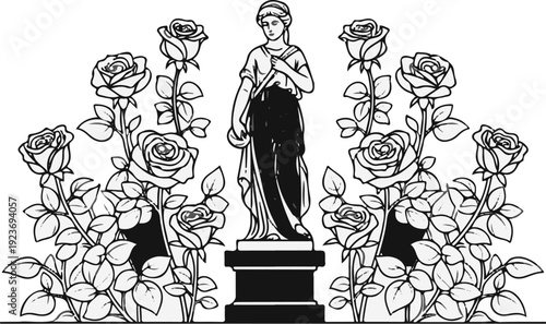 Ornate gravestone adorned with a classic statue and blooming rose vines