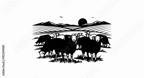 Rural scene with flock of sheep grazing near rolling hills at sunset