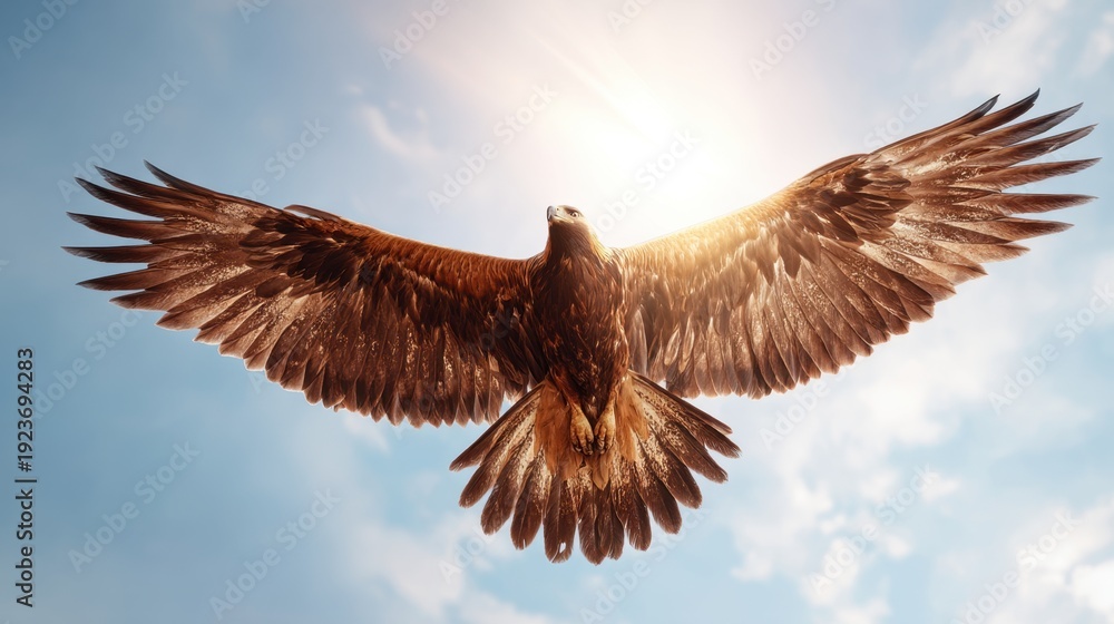 Obraz premium Majestic hawk soaring through sunny skies. Powerful bird of prey in dynamic flight with outstretched wings. Wildlife nature photography symbolizing freedom and strength