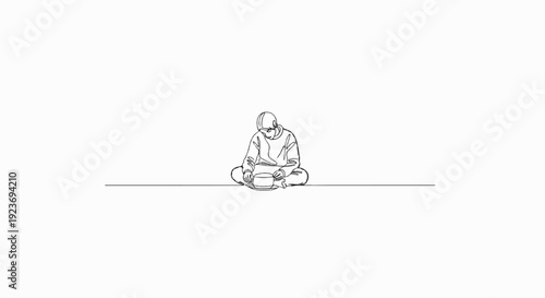 Single line drawing of a person sitting cross-legged, preparing a cake with a knife