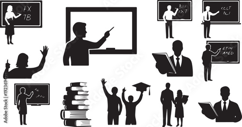 Education icons set with teachers and students silhouettes black