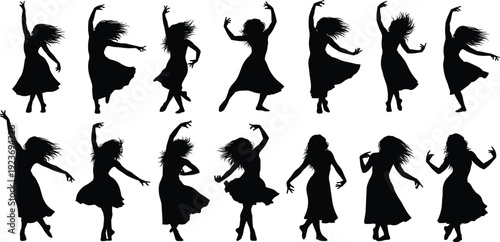 Set of dancing woman silhouettes isolated on white background, female dancer figures in motion, expressive black dress poses for graphic design