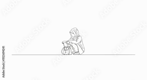Single line drawing of a person in a hooded garment squatting next to a bag