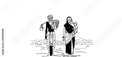 Rural family with one man carrying goods and woman holding baby