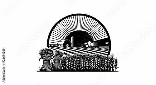 Rural farm scene with barn, silo, tractor, harvested wheat, and sun