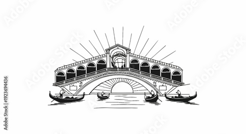 Ornate arched bridge with gondolas passing beneath on water