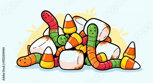 Pile of cute candy corn, gummy worms, and marshmallows with happy faces