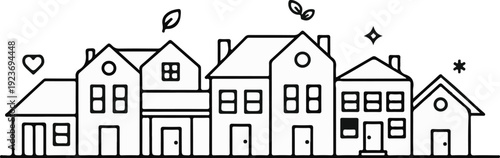 Row of stylized houses with a heart, leaves, sparkle, and asterisk symbols