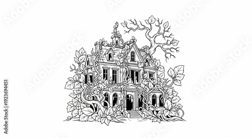 Overgrown, vine-covered mansion with bare trees and dark windows