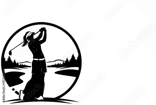 Silhouette of a woman golfer swinging club on a course at dusk