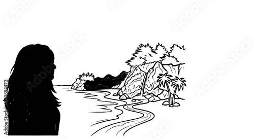 Silhouette of a woman gazes at a tropical island with a river flowing towards the sea