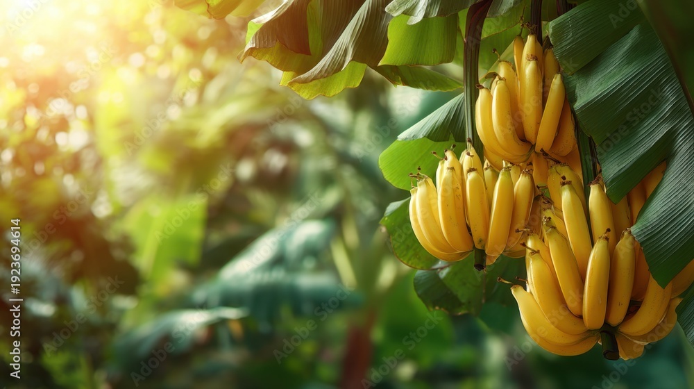 Naklejka premium Ripe yellow banana bunches hanging from lush green leaves. Tropical fruit cluster in sunny natural plantation. Fresh organic produce in vibrant outdoor habitat