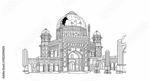 Ornate ancient domed structure with crumbling walls and surrounding ruins