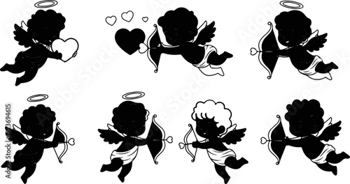 Six cupid figures with wings and halos, some holding bows and arrows