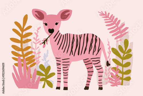 Curious Okapi Reaching for Green Leaves