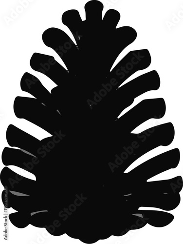 Silhouette of a dark pine cone with radiating scales against a white background
