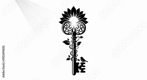 Ornate key with floral top, vines, and small bird