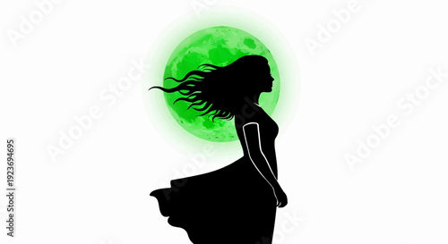 Silhouette of a woman with flowing hair against a glowing green moon