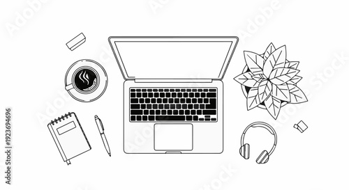 Overhead view of a desk with a laptop, coffee, notebook, pen, plant, and headphones