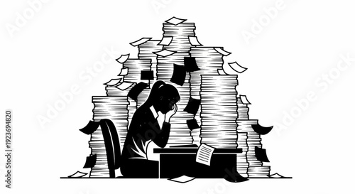 Overwhelmed person buried under stacks of papers at a desk