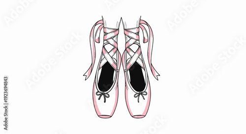 Pair of pink ballet pointe shoes with ribbons tied around ankles
