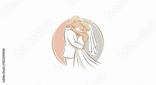 Romantic embrace of a couple in wedding attire within a circular design