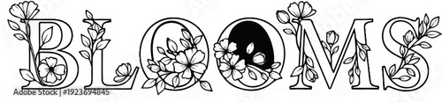 Ornate letters with delicate floral vine accents form the word BLOOMS